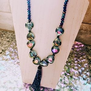 Crystal Glass hearts w/blue iridescent glass beaded tassel statement necklace
